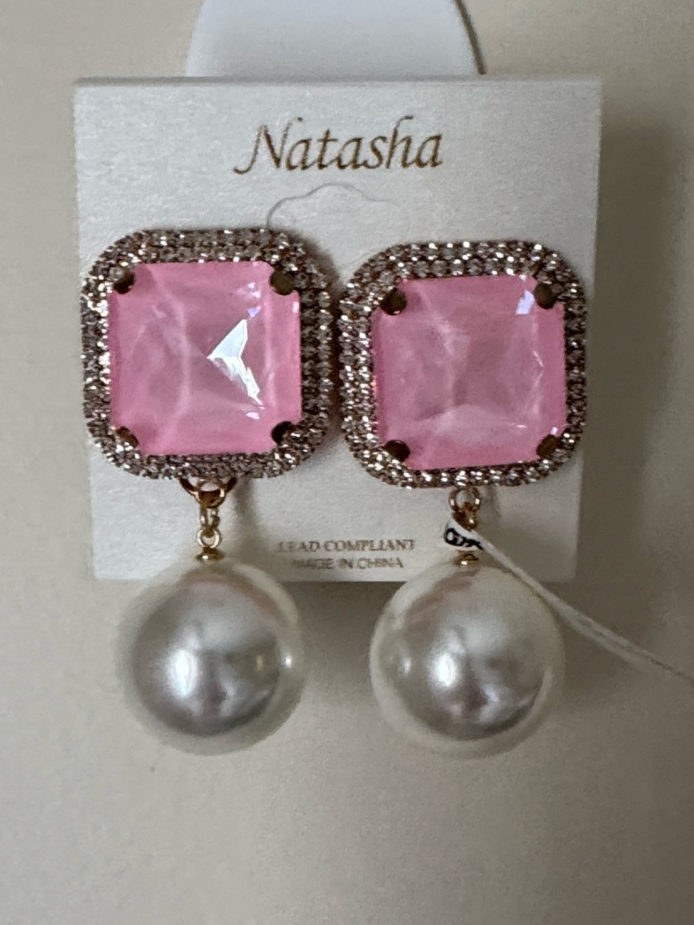 Natasha Over Sized Pearl Drop Pink Crystal Earrings new